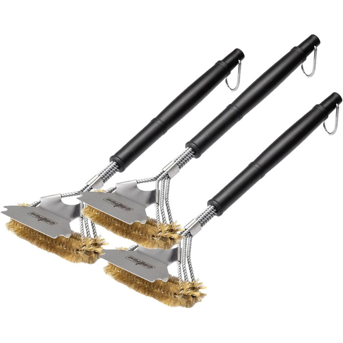 3X Grillfürst Premium Grill Brush with Brass Bristles, 45 cm - Grill Cleaning Brush for Grill Grates, Grill Grate Brush with Wide 3-Section Brush Head and Scraper