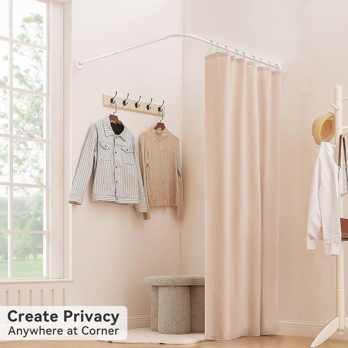 Штанга для душу L-подібної форми, регульована, з 12 кільцями та опорою для стелі, для ванни/ванної кімнати, білий, 60-130см x 60-130см