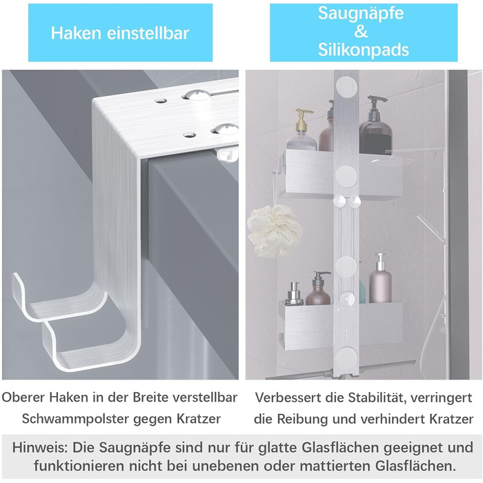 Hosanwell Shower Shelf for Hanging, No-Drill Shower Shelf Double-Layer Stainless Steel SUS304 Shampoo Holder for Shower with Glass Door, No-Drill with 4 Hooks, Silver