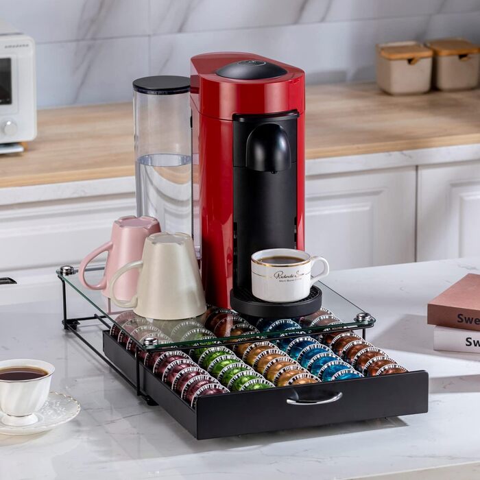 Організатор для капсул Nespresso Vertuo: металевий стійкий тримач на 50 капсул (скляна кришка)