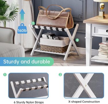 SMIBUY Luggage Rack, Folding Bamboo Suitcase Stand with Storage Shelves for Guest Room, Bedroom, Hotel, Heavy Duty (White)