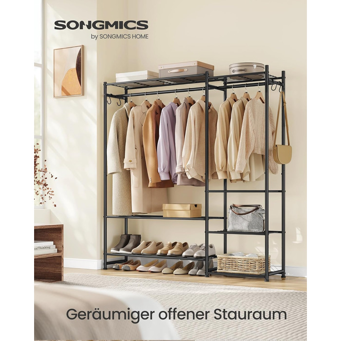 SONGMICS Стійка для одягу, відкритий шафа, вішалка для одягу з 10 полицями, 3 перекладинами, 4 гачками, металевий каркас, для спальні, вітальні, передпокою, чорний LGR011BZ01 (124,8B см)