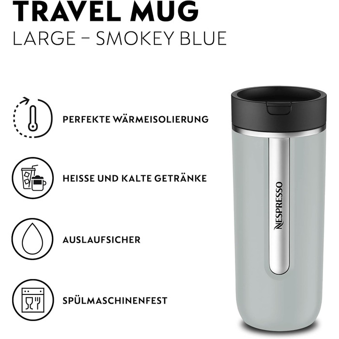 Термокружка Nespresso Travel Mug Small Sage Green 300 мл | Зручна термокружка для кави, чаю, матча | З кришкою, не протікає, можна мити в посудомийній машині | Сталева термокружка Salbeigrün (Rauchblau)