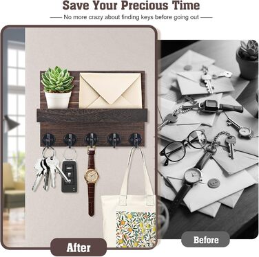 Дерев'яне настінне кріплення для ключів з полицею, декоративне, 5 гачків, для прихожої, спальні, вітальні (колір: коричневий)
