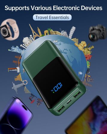 Power Bank Coblob 27000mAh з LED дисплеєм, 3 входами/виходами, USB-C 30W, для смартфонів, планшетів, AirPods та іншого (темно-зелений)