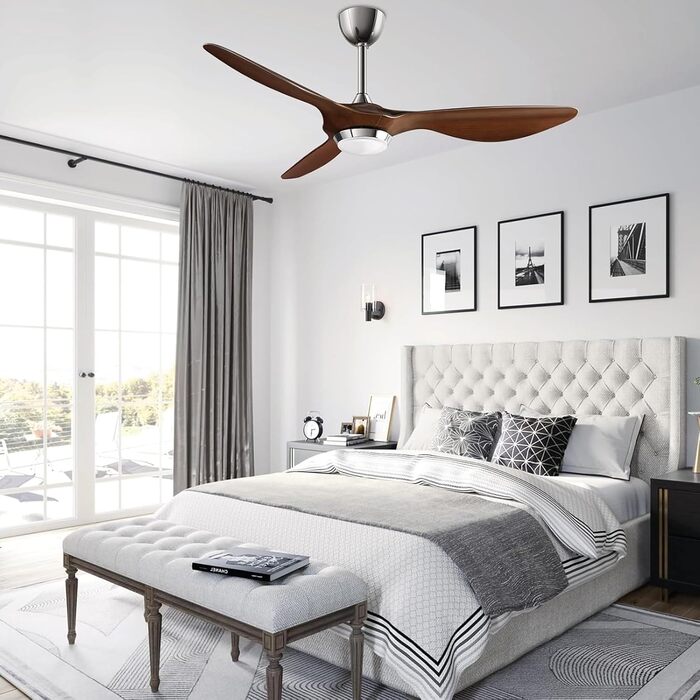 Стеляний вентилятор Reiga 132 см з LED-підсвічуванням та пультом керування, тихий реверсивний DC мотор, 6 швидкостей, керування через додаток, колір коричневий, лопаті з імітацією дерева