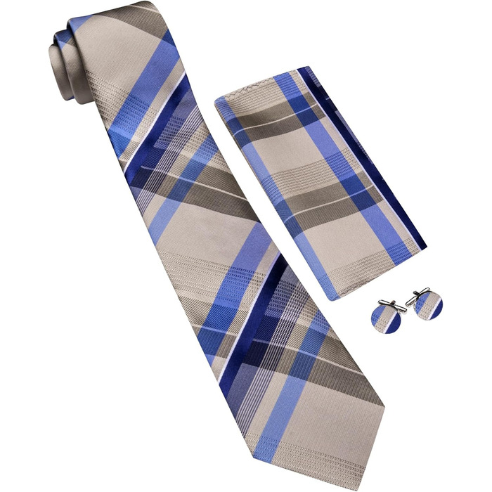 Набір краваток у клітинку Barry.Wang з хустинкою та запонками. Класична смугаста краватка для чоловіків (кремового кольору)