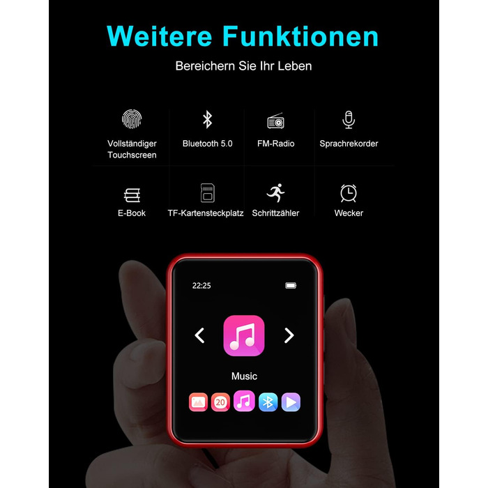 MP3 плеєр 32GB Bluetooth 5.0 з сенсорним екраном, HiFi, радіо, диктофон (червоний)