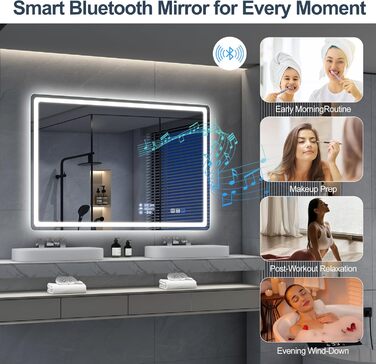 Дзеркало для ванної кімнати S'bagno з підсвічуванням 100x70 см, LED, з полицею, протитуманне покриття, регулювання кольору (3000K/4000K/6500K), диммування, HD-загартоване скло, IP44, горизонтальне/вертикальне встановлення, Bluetooth, годинник