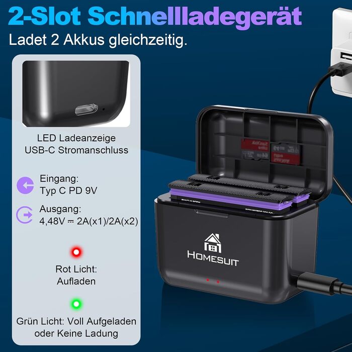 Homesuit Запасний акумулятор Insta360 X5 (2 шт.) 2850mAh + LED-зарядний пристрій з Dual-Slot та Micro SD кардридером (комплект)