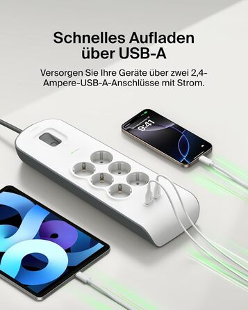 Мережевий фільтр Belkin з USB, 8 розеток, 2.4A, 2м кабель, для дому та офісу