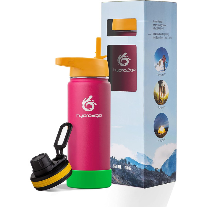 Stainless Steel Kids' Drinking Bottle - 100% Leakproof, BPA-Free with 2 Lids (Straw and Sport Cap) - Thermo Bottle for Children (Pink) - 500ml