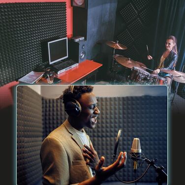 Акустичні панелі JBER самоклейні, звукопоглинаючі пірамідні панелі 30х30х3 см для студії, офісу та спальні, чорний колір (12 шт)