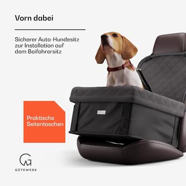 Автокрісло для собак середніх та маленьких порід Gütewerk, аксесуари для собак, стабільне автокрісло для собак на переднє сидіння, стабільне та складане автокрісло для собак, автокрісло для собак середнього розміру з запобіжним тросом, темно-сіре, на пере