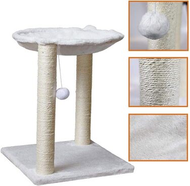 Дерев'яний когтеточка для котів Kratzbaum з будиночком, гамаком, ліжком та когтеточками, 41 x 48 x 41 см, білий, обмотаний сизалем, з іграшкою на шнурку