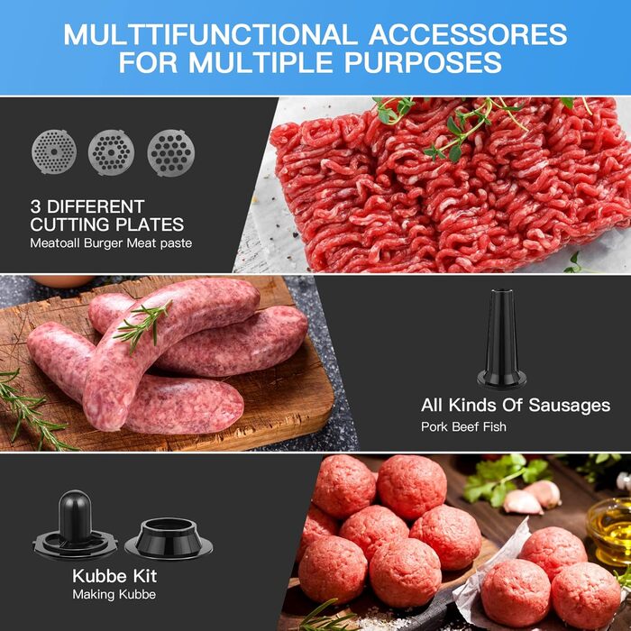 Electric Meat Grinder 2000W Multi-Purpose Kitchen Machine with Sausage Maker, 3 Cutting Discs, 4 Mincer Blades, Sausage Stuffer & Pastry Attachment - Silver & Black