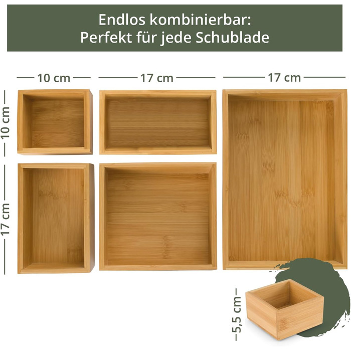 TAKE® 6-Piece Drawer Organizer Set made of 100% Natural Bamboo - Boxes in various sizes for Kitchen, Bathroom & Office, Vanity Organizer, Drawer Organizer