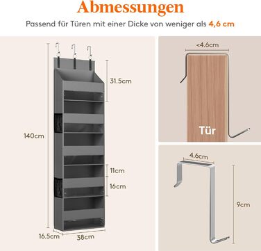 Органайзер для підвішування Lifewit Türorganizer з 5 полицями та 4 кишенями, сірий (1 шт.)
