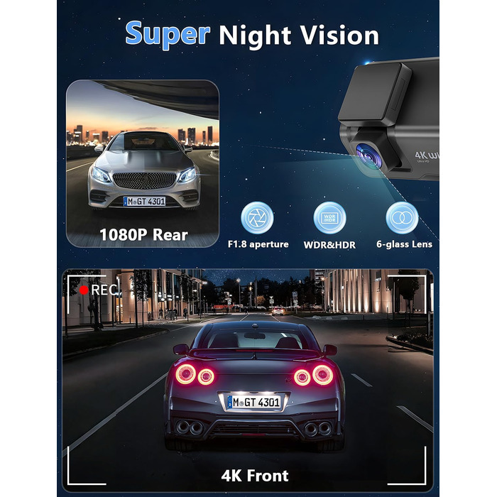 Відеореєстратор Chortau Dashcam 4K+1080P з двома камерами, WiFi, LCD 3 дюйми, 64GB SD, Нічне бачення, G-сенсор, Park Mode