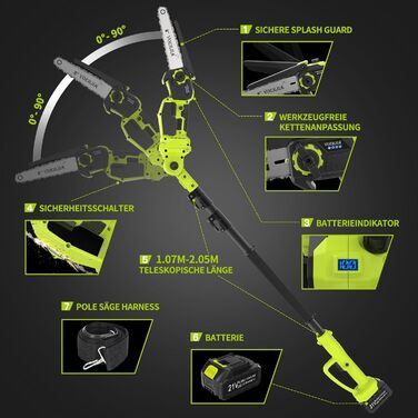 Акумуляторна висоторіз Kettensäge 2-в-1, 6/8 футів, телескопічна штанга, 2x4.0Ah акумулятор, автоматичне змащення, швидка заміна насадок, для обрізки дерев у саду