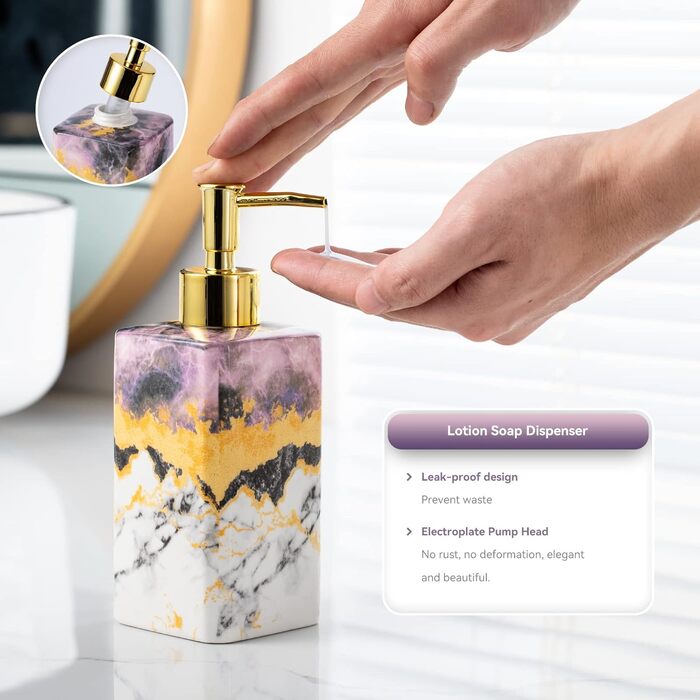 Набір аксесуарів для ванної кімнати (4 шт) – білий набір з дозатором для лосьйону, тримачем для зубних щіток, склянкою та мильницею – глянсова поверхня (мармур, білий) (фіолетовий)