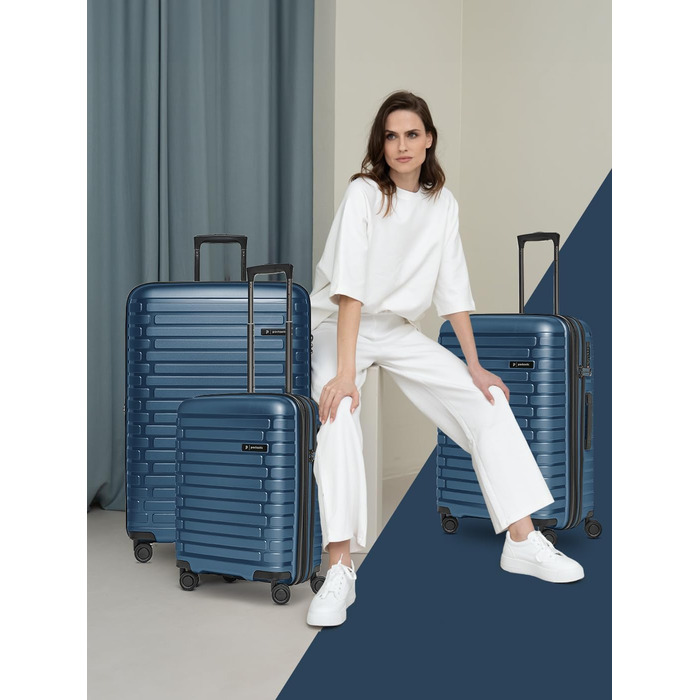 Чохол-валіза на колесах | Розширюваний середній валіза 45 x 25 x 66 см, 67-75 літрів | з поліпропілену, 4 подвійні колеса, TSA-замок (Колекція 04) | Колір: Navy Blue Metallic, Набір валіз (3 шт.)