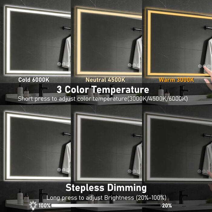 Дзеркало для ванної кімнати 50x70 см з підсвічуванням LED, антизапар, регулювання яскравості, 3 кольори світла