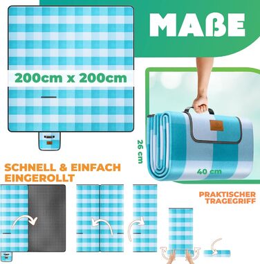 KESSER® Picnic Blanket Camping Blanket XXL 200 x 200 cm - Warm Insulated with Waterproof Bottom, Carrying Handle, Foldable Beach Blanket, Picnic Blankets for 4-6 People, Washable Picnic Blanket (Blue / Turquoise)