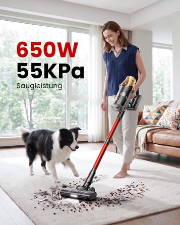 Акумуляторний бездротовий пилосос 55кПа/600Вт, контейнер 1.8л, LED-дисплей, антинамотувальна щітка, для килимів, твердих підлог та авто, червоний