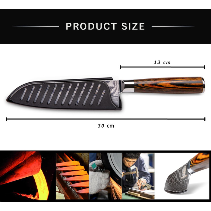 Професійний кухонний ніж Santoku Wolfblood XL 30 см з 67-шарової дамаської сталі, дерев'яна ручка, подарункова коробка та чохол для леза