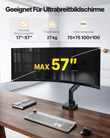 Кронштейн для монітора monTEK для Ultrawide-екранів 17–57 дюймів до 27 кг, алюмінієвий пневматичний підйомник, регулювання висоти, VESA 75x75/100x100, USB 3.0, чорний