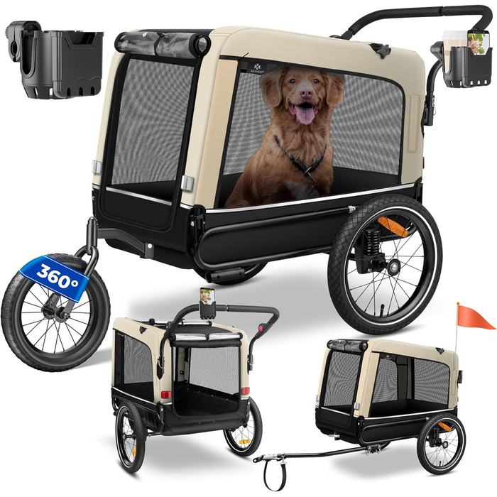 KESSER® Візок для собак Боксер 3-в-1: візок, буксир для велосипеда та лежак. Великий об'єм 240 літрів, амортизація, поворотне переднє колесо 360°, матеріал 600D Oxford Canvas, SmartSpace, вантажопідйомність 40 кг, зелений