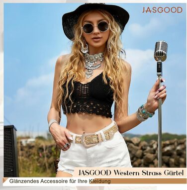 Жіночий шкіряний ремінь JasGood з камінням, в стилі вестерн, ковбойський, з заклепками, для джинсів та штанів (Золотий, 115 см, підходить для розміру 81-95 см)