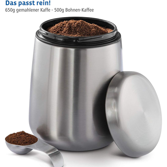 Stainless Steel Coffee Canister 500g (airtight stainless steel canister including magnetic measuring spoon in the lid, anti-fingerprint coffee container, coffee box for storing 500g of ground coffee/beans) silver