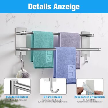 Тримач для рушників без свердління, 60 см, самоклеючий, з гачками, нержавіюча сталь, вологостійкий, для ванної кімнати та кухні, срібляний