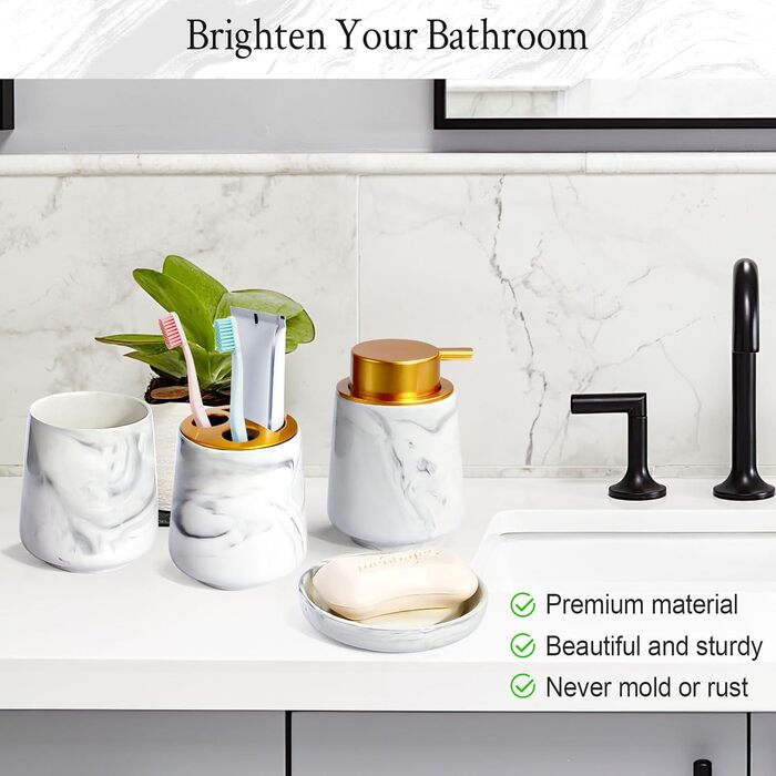 Набір аксесуарів для ванної кімнати з дозатором мила, мильницею, тримачем для зубних щіток та склянкою. Мармурова імітація, білий колір. 4 шт.