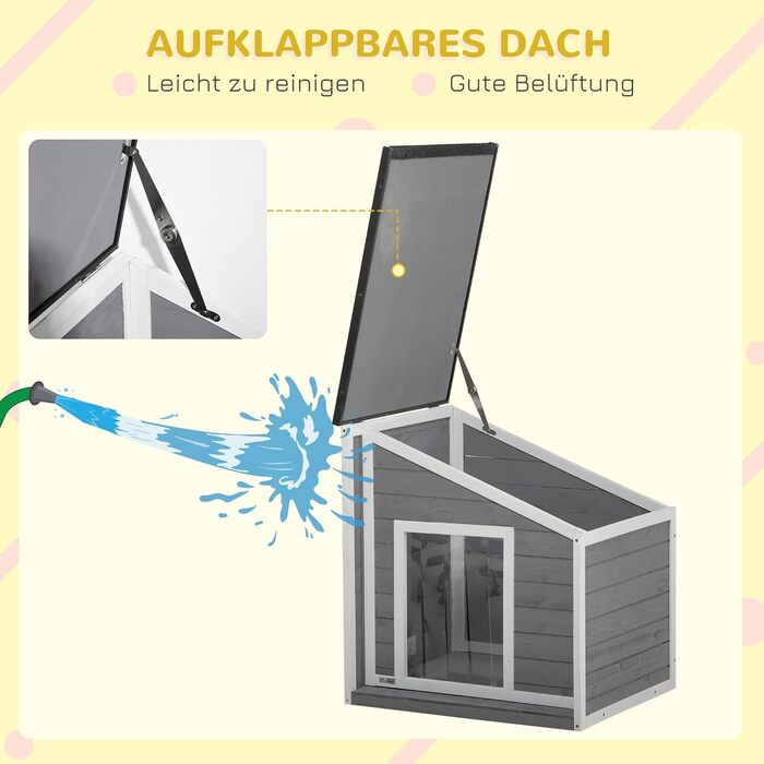 Дерев'яний вольєр для собак PawHut - Будинок для собак з відкриваючим дахом та шторкою на дверях, вулиця, стійкий до погодних умов, сірий, 71 x 58 x 53/77 см