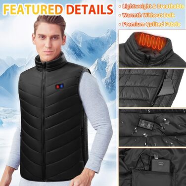 Обігріваюча жилетка для жінок та чоловіків з акумулятором 27000 mAh/7.4V, 17 зон обігріву, 3 режими температури, чорна, M-L