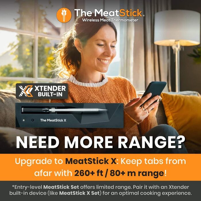 Термометр для м'яса MeatStick з додатком: бездротовий термометр для приготування м'яса з радіусом дії 10м, точний датчик температури до 300°C, термометр для гриля з датчиком 92мм, з зарядним пристроєм TC600P