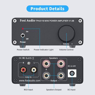 Fosi Audio V1.0B стерео підсилювач 2x50 Вт, 2-канальний міні Hi-Fi класу D, інтегрований TPA3116, з блоком живлення 19 В 4,74 А для динаміків