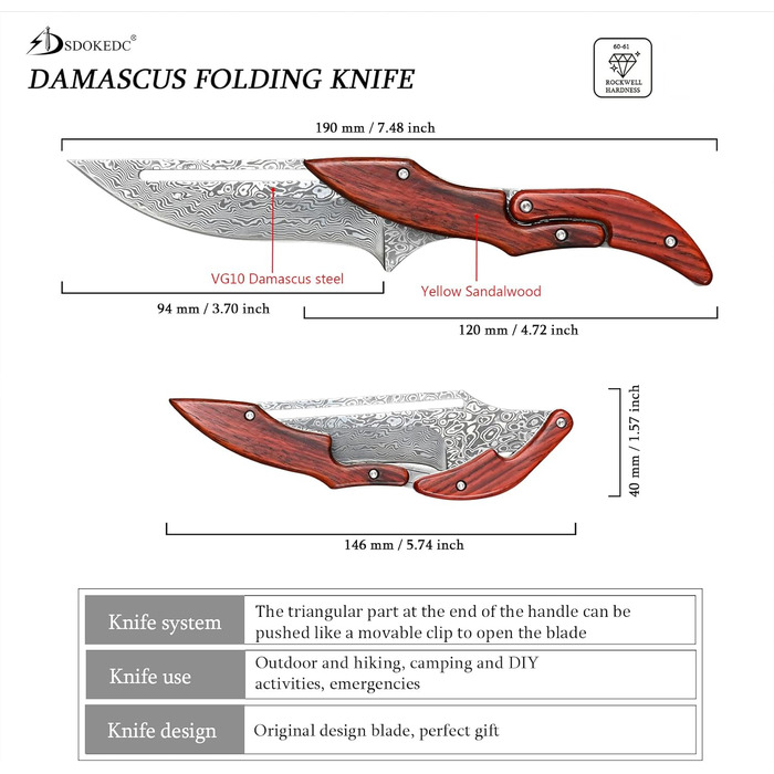 VG10 Damascus Steel Pocket Knife Folding Knife for Men EDC Camping Outdoor (Scandi Grind) (SD604C)