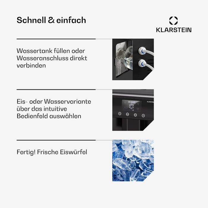 Машина для приготування льоду Klarstein Eiswürfelmaschine Klein, 3L, чорна. Виробляє до 15 кг льоду за 24 години, 3 розміри кубиків льоду. Легке очищення.
