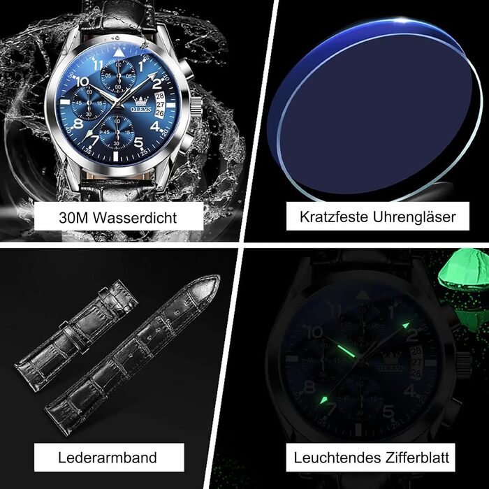 Годинник чоловічий OLEVS Vintage з шкіряним ремінцем, велике циферблат, водостійкий, з датою (2878, блакитний циферблат/чорний ремінець)