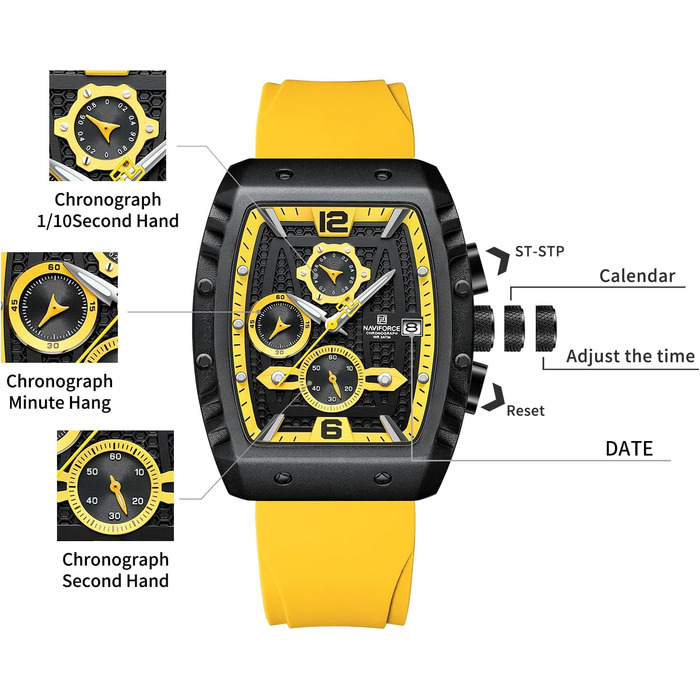 Чоловічий кварцовий годинник Naviforce з автом. датою та тижневим індикатором, аналоговий (чорний+жовтий+жовтий)