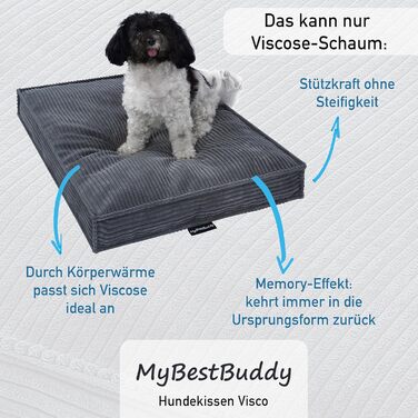 MyBestBuddy Visco Dog Bed Grey 70x50 cm M with POSO-Cord Fabric with Visco Foam and Comfort Foam Flakes, 40°C Washable - Dog Bed/Pet Bed for Small Dogs, 70 x 50 cm
