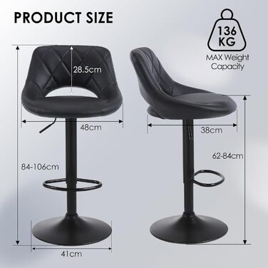 Chummaven 2-Piece Adjustable Bar Stools with Backrest - Faux Leather Kitchen Bar Stools with Chrome Footrest - Padded Barstools for Home Bar, Black