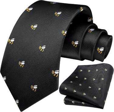 HISDERN Чоловіча краватка з принтом тварин, краватка-метелик, нагрудна хустинка, набір для весілля/бізнесу, чорний/бджола, універсальний розмір