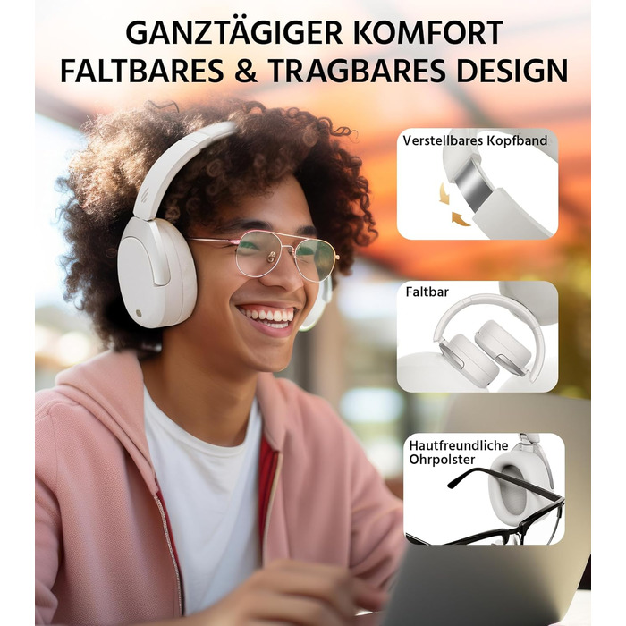 Edifier W830NB Бездротові навушники Over-Ear з ANC -45dB, 94год. акумулятор, LDAC Hi-Res звук, Spatial Audio, швидка зарядка, Bluetooth V5.4 (пісочний)