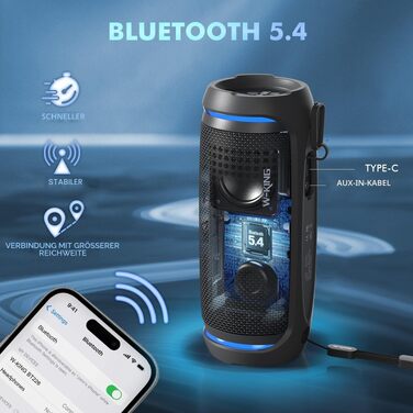 W-KING Bluetooth колонка 36W: Портативна бездротова колонка з 360° звуком, IPX6 водонепроникна, AUX, 30 год автономії, для дому, вулиці, вечірок, подорожей