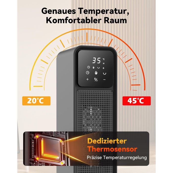 Ефективний енергозберігаючий обігрівач, 1500W PTC кераміка, 34 dB, термостат, таймер 12 год, захист від перегріву та перекидання, з пульт дистанційного керування (матовий чорний)